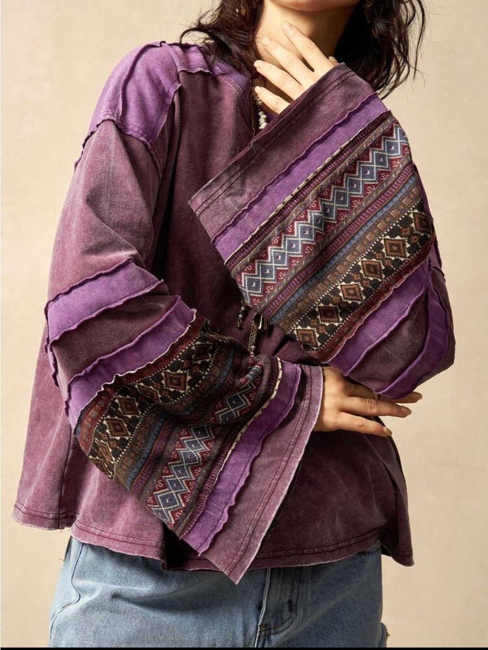 Plus Size Oversized Geo Print Patchwork Long Bell Sleeve Top Blouse T-Shirt